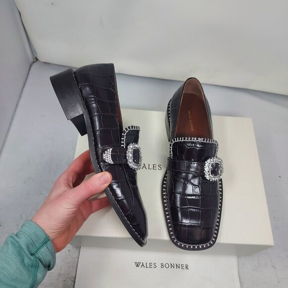 Wales Bonner Brown Black WOMENS Crystal Buckle Croc Loafer - Picture 1 of 11